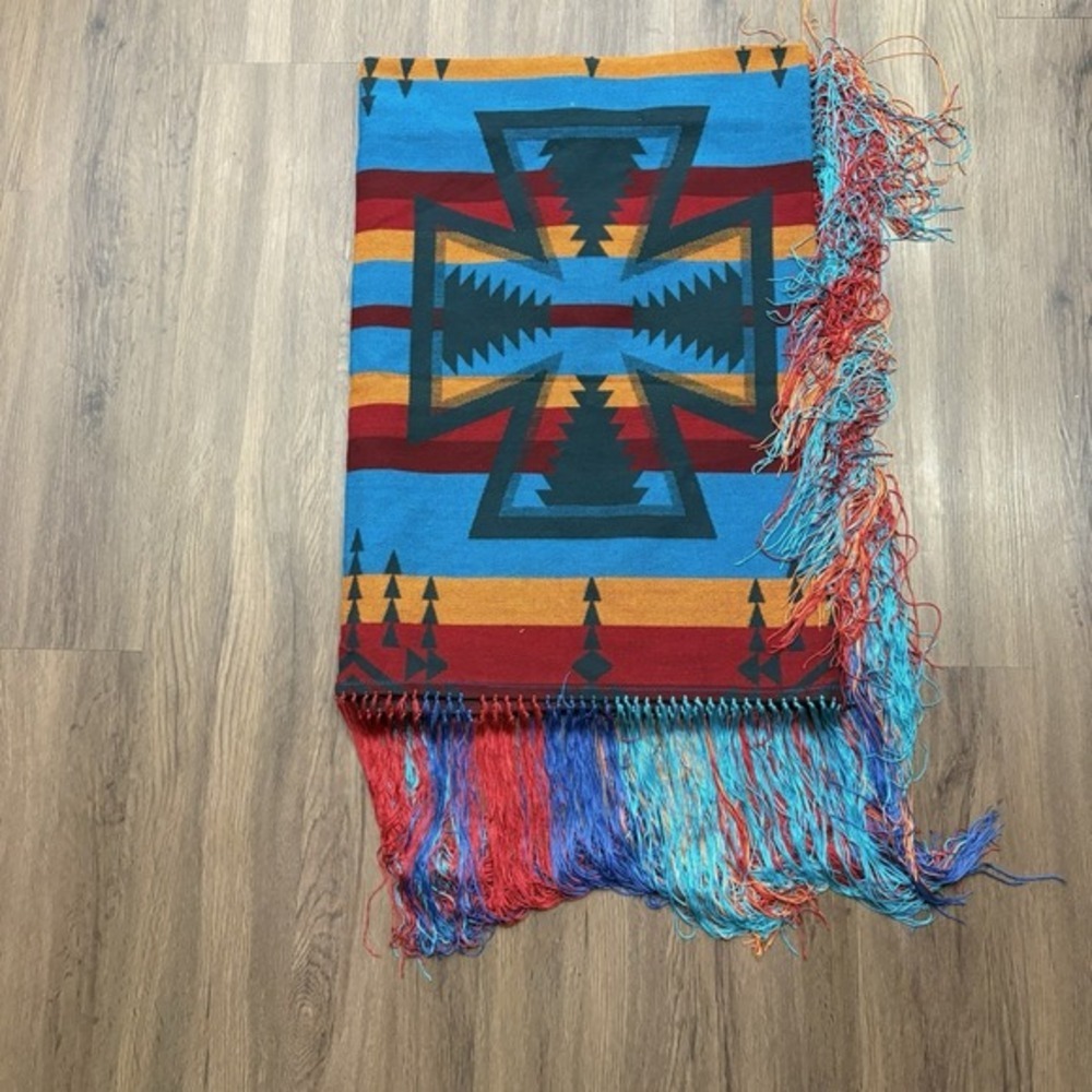 Southwestern Wool Geometric Fringed Shawl Robe Multicolor 28x78 Blue - Picture 13 of 13
